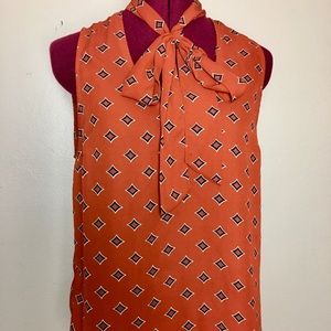 Tie Keyhole Neckline Diamond Pattern Blouse